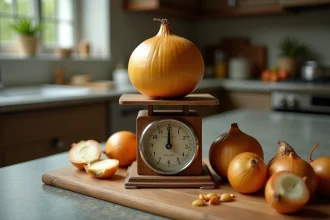 Oignon entier posé sur une balance de cuisine en bois avec d'autres oignons autour, vue du dessus sur plan de travail rustique