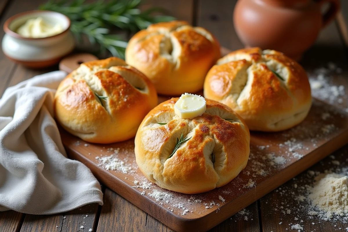 Pains à la poêle gonflés et dorés posés sur une planche en bois avec du beurre aux herbes