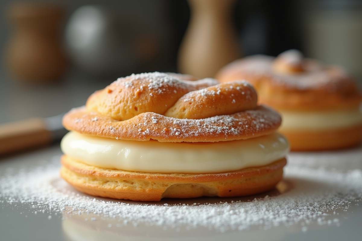 Détail d un ParisBrest praliné en gros plan sur le comptoir