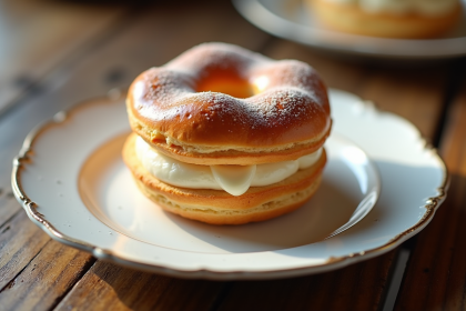 ParisBrest praliné sur une assiette blanche vue de dessus