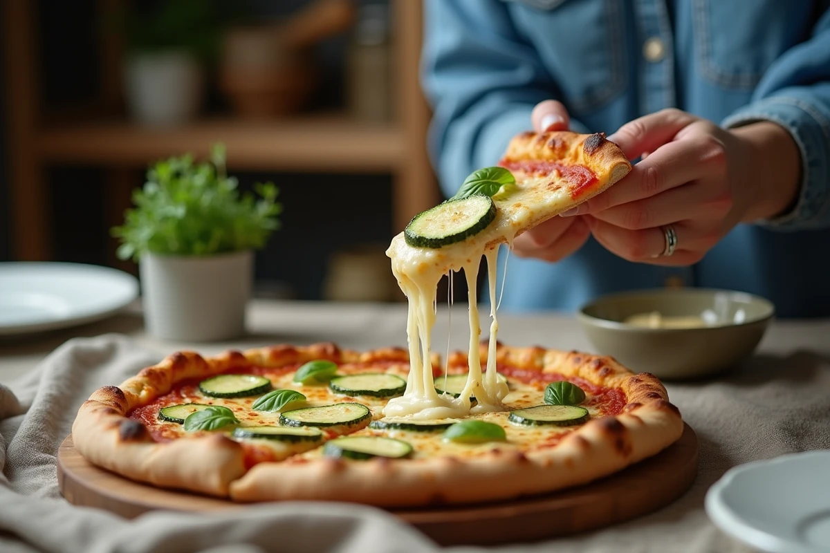 Femme souriante tenant une part de courgette pizz légère avec un filament de mozzarella fondue