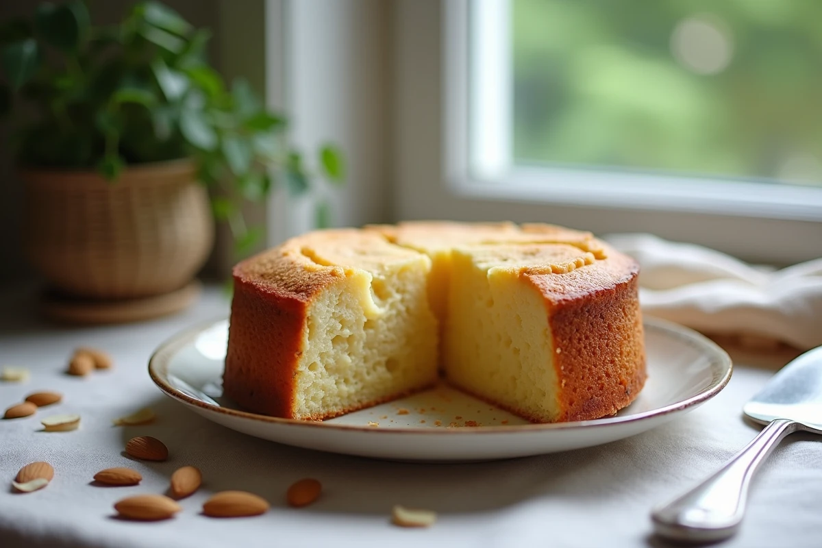 Gâteau aux amandes tranché avec amandes et serviette en lin
