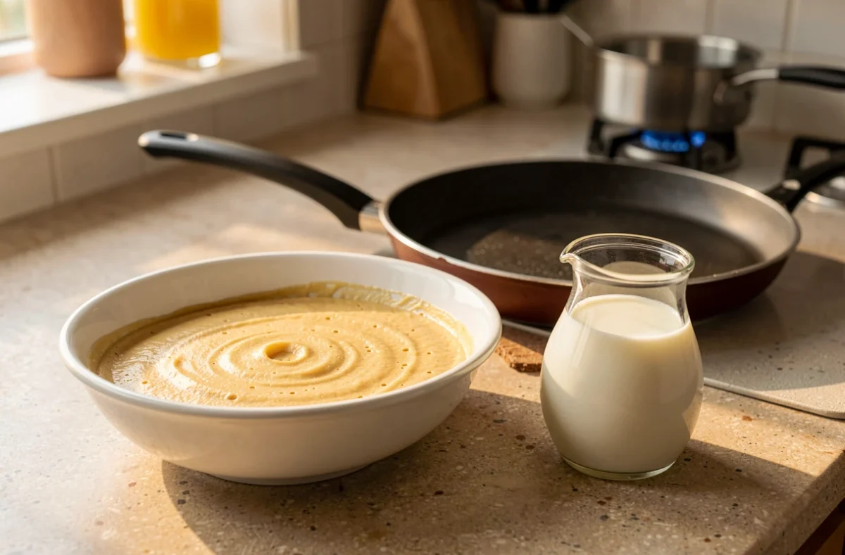 Pâte à crêpes et pot de lait préparés sur le plan de travail