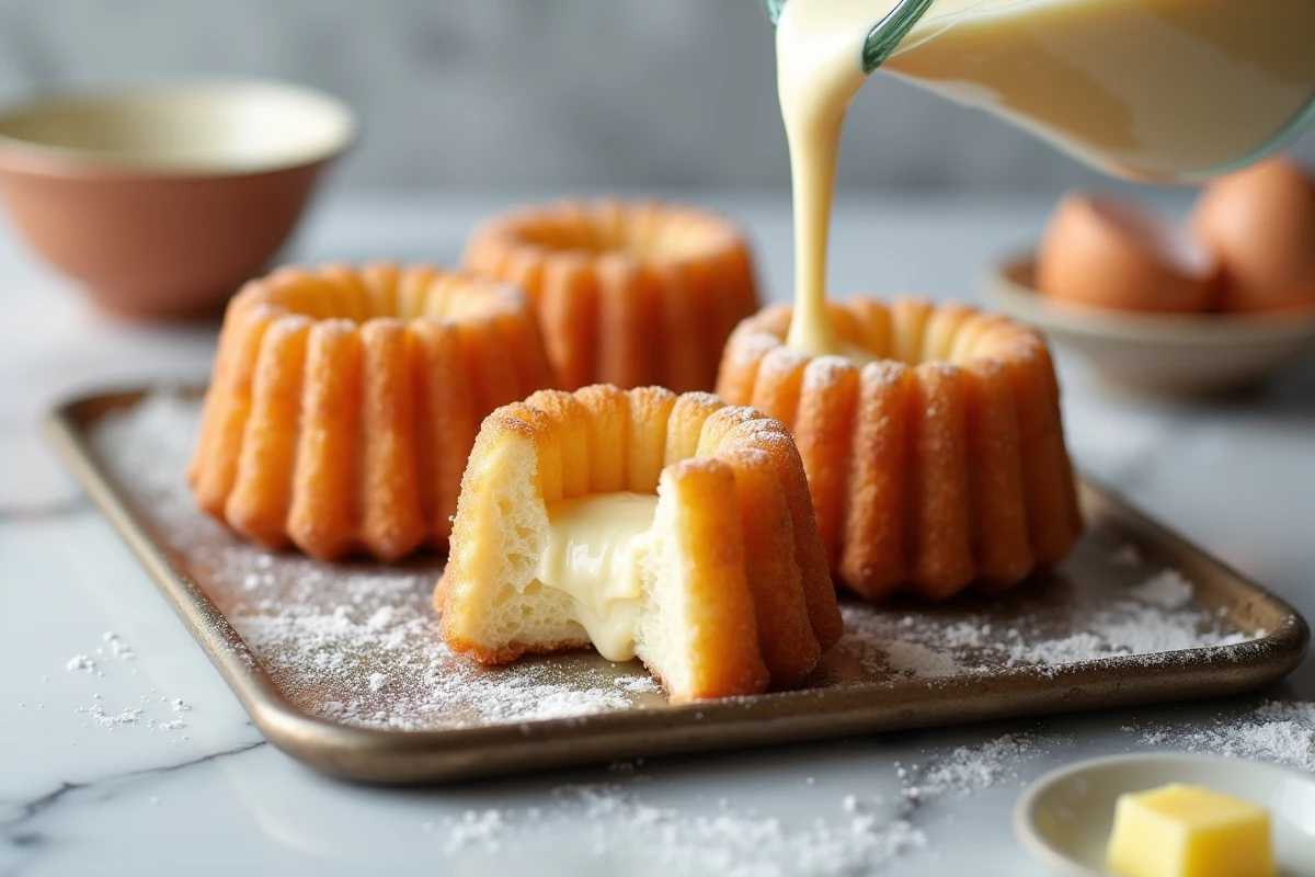 Versement de la pâte à canelés dans des moules en cuivre cannelés alignés sur un plan de travail en marbre