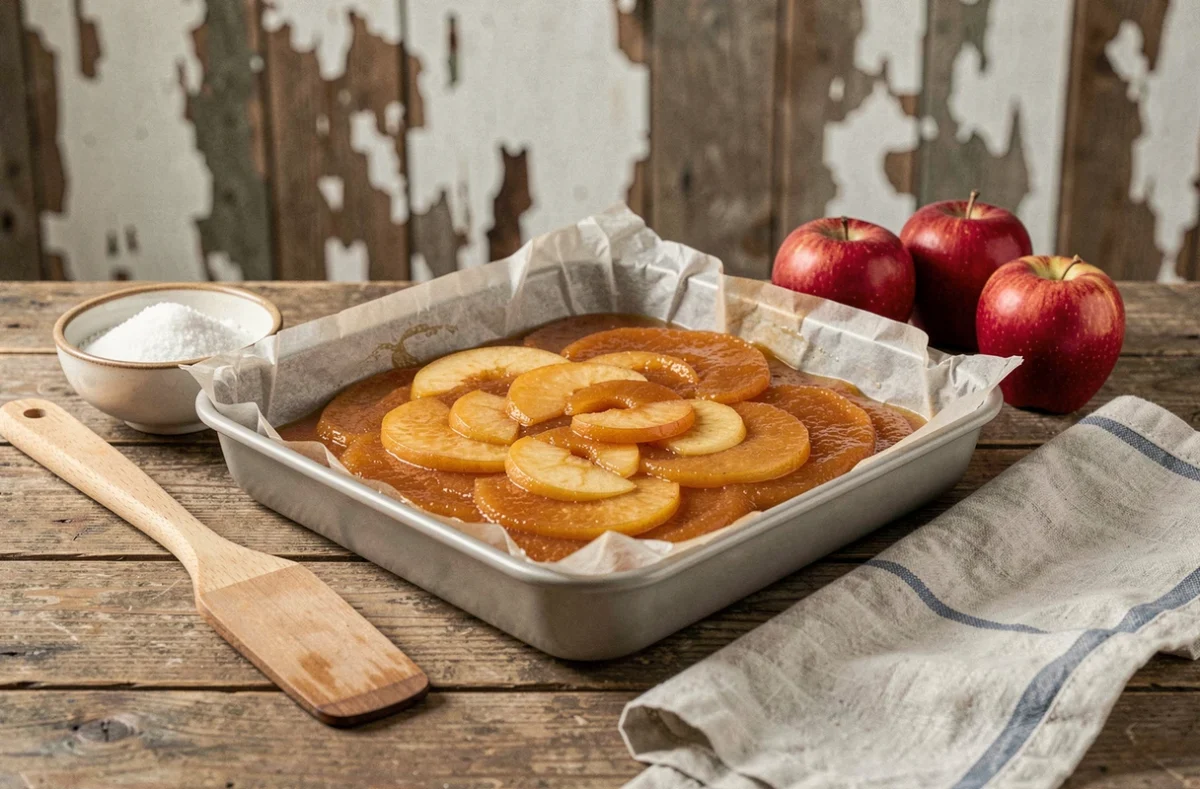 Plat de pâte de fruit pomme refroidissant dans un moule tapissé de papier cuisson sur table en bois rustique