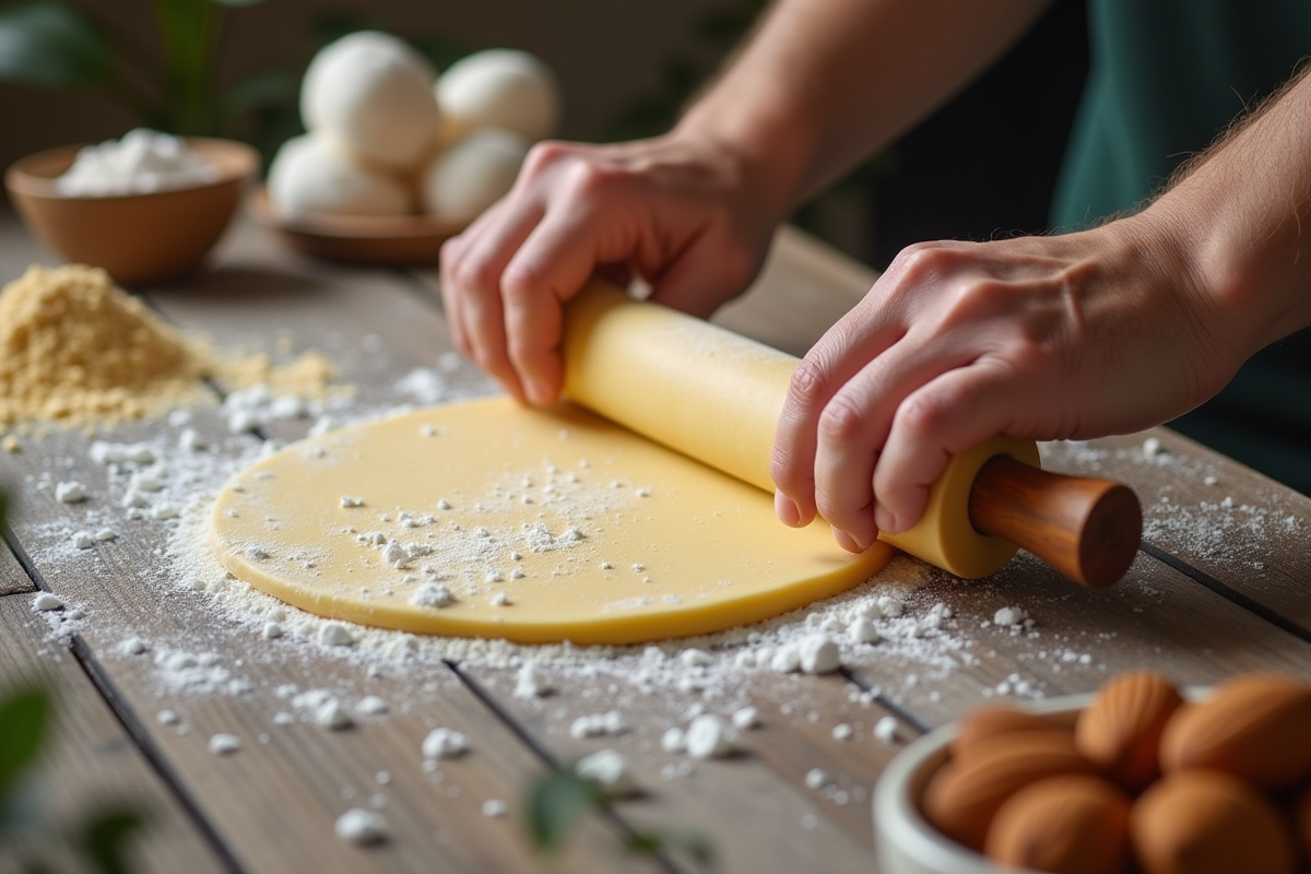Mains façonnant la pâte de marzipan sur une table en bois rustique
