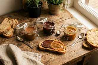 Pâtes à tartiner artisanales dans des bocaux en verre sur une table en bois rustique avec du pain de campagne au goûter