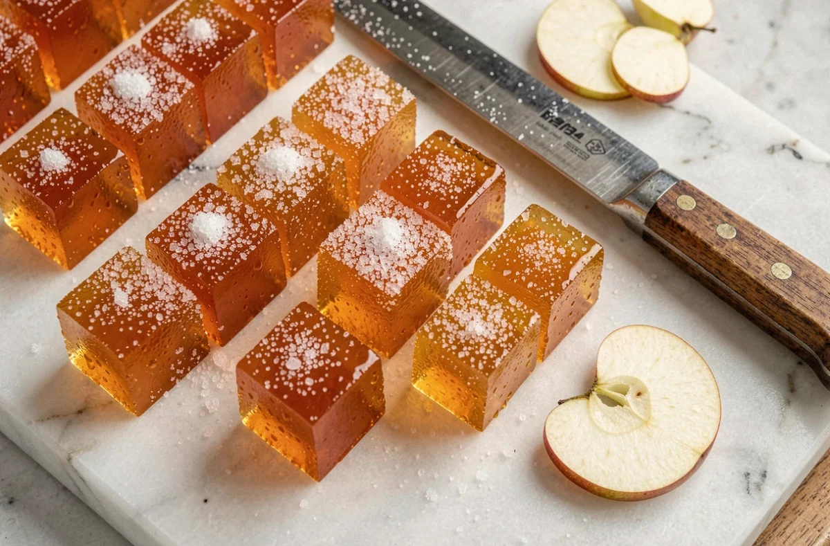 Pâtes de fruit maison à la pomme coupées en cubes et saupoudrées de sucre cristal sur marbre blanc