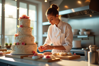 Chef pâtissier décorant un gâteau élégant dans une cuisine lumineuse