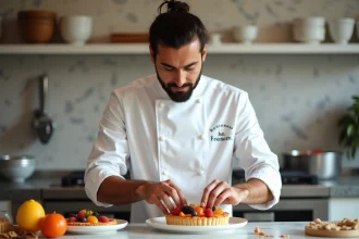 Chef pâtissier français en action dans une cuisine élégante