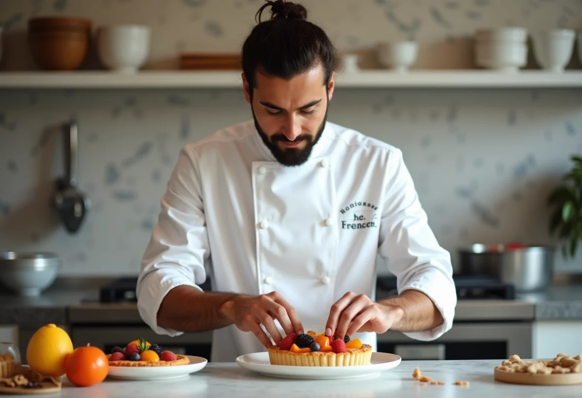 Chef pâtissier français en action dans une cuisine élégante