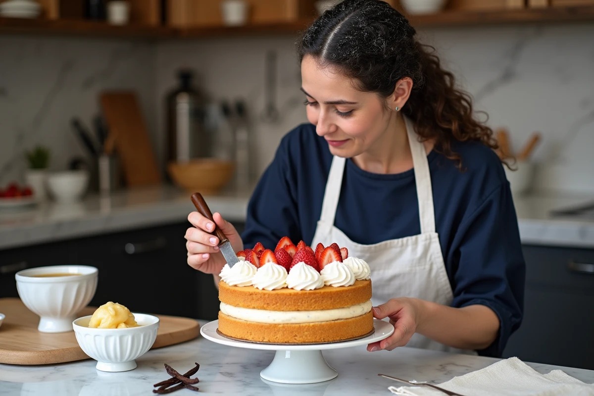 Cheffe pâtissière espagnole décorant un gâteau tres leches avec de la crème fouettée et des fraises dans une boulangerie artisanale