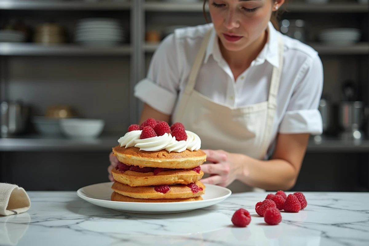 Pâtissière garnissant un pain de gênes transformé en gâteau d'anniversaire avec crème chantilly et framboises fraîches dans une cuisine professionnelle