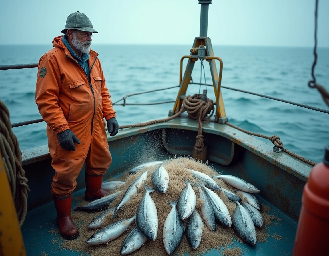 Pêcheur tenant un filet rempli de poissons sur un bateau de pêche commerciale en mer, illustrant l'impact environnemental de l'industrie halieutique sur les écosystèmes marins