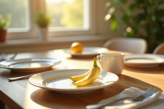Petit déjeuner avec banane pelée sur une assiette blanche