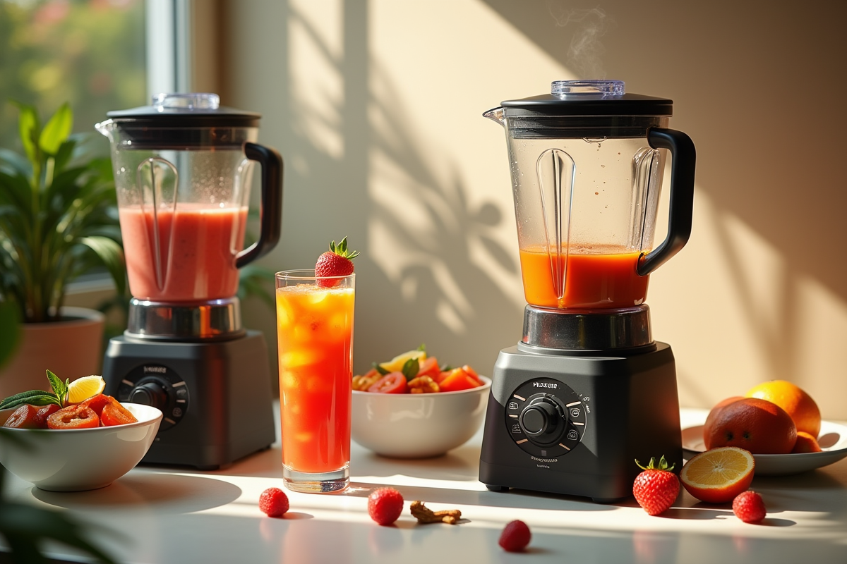 Petit déjeuner avec smoothie et soupe dans la cuisine