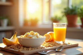 Petit déjeuner sain avec yogourt et bananes frais