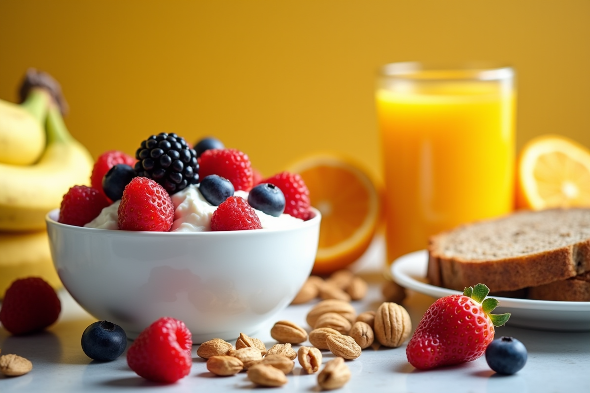 Petit déjeuner avec yaourt aux fruits et jus d