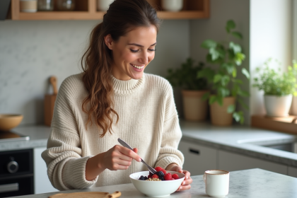 Femme souriante préparant un bol de yogourt aux fruits