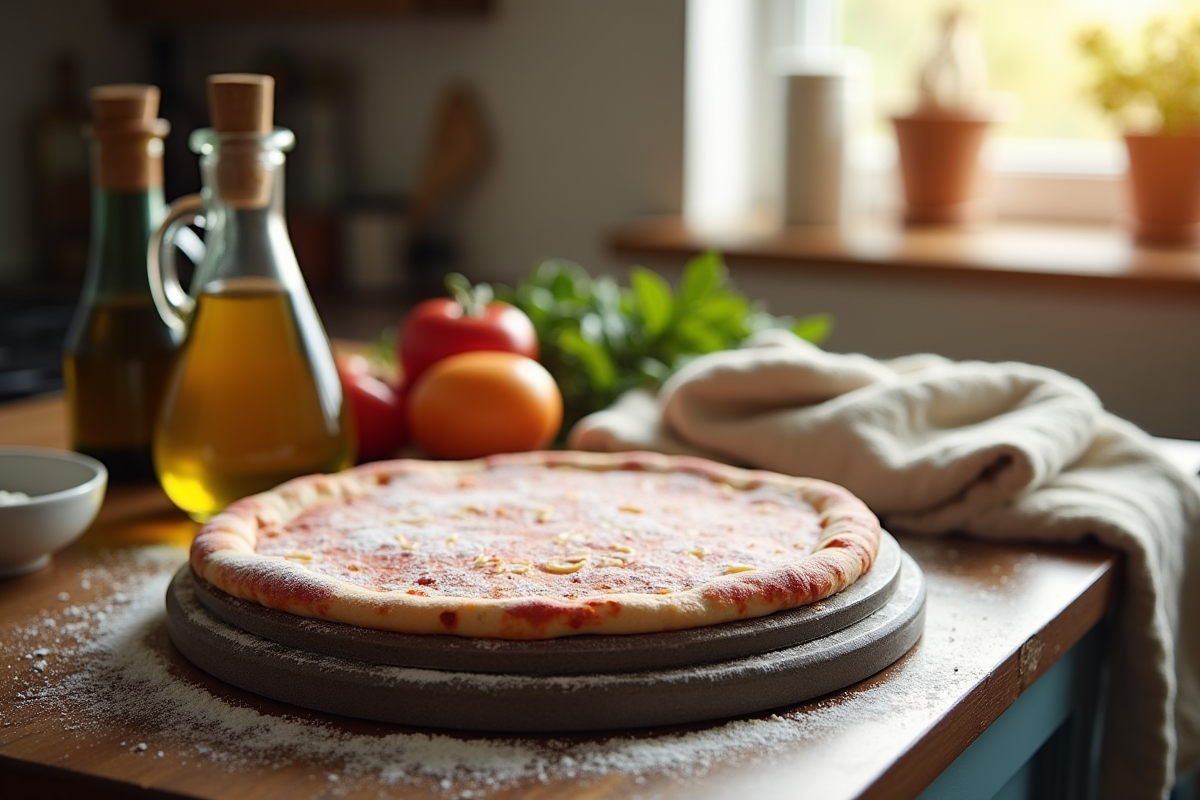 Pierre à pizza propre et séchée sur un support de cuisine