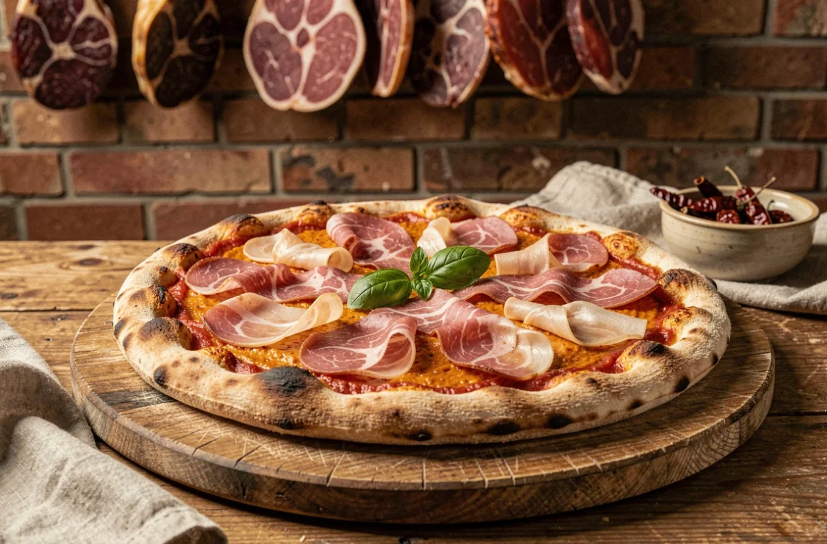 Pizza napolitaine couverte de nduja orange-rouge, tranches de coppa marbrées et boucles de guanciale fondu, avec un brin de basilic frais, posée sur une planche en bois usée