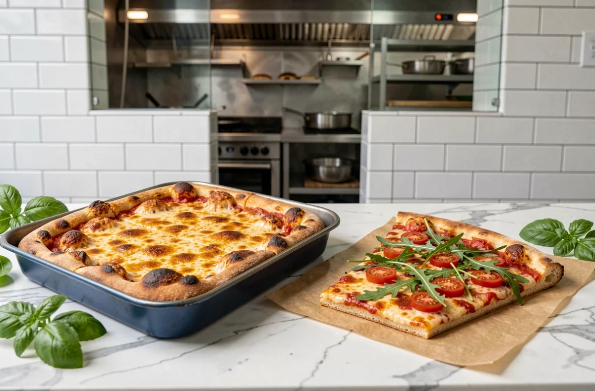Comparaison côte à côte d'une pizza Detroit-style épaisse aux bords caramélisés dans son moule en acier bleu, et d'une tranche de Roman al taglio légère sur papier brun avec tomates cerises et roquette