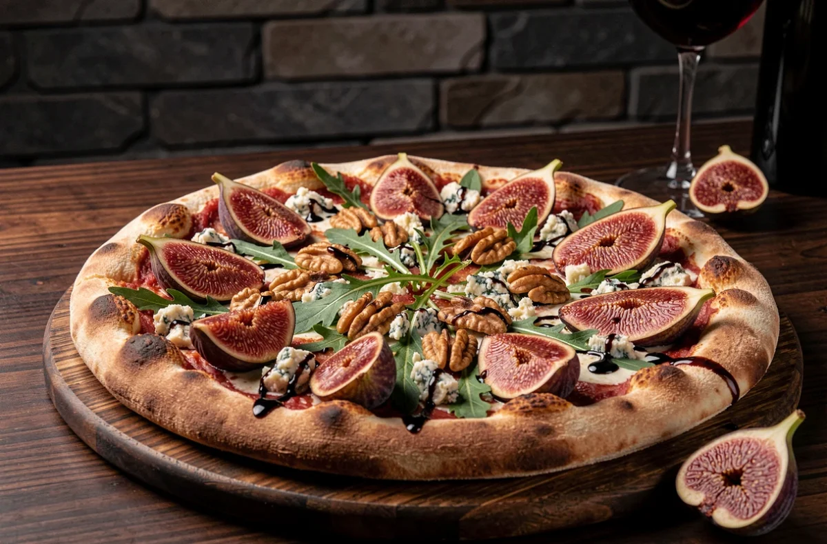 Pizza gastronomique sucrée-salée aux figues fraîches ouvertes révélant leur intérieur rubis, gorgonzola émietté veiné de bleu-vert, noix grillées et réduction de balsamique, sur planche en bois sombre