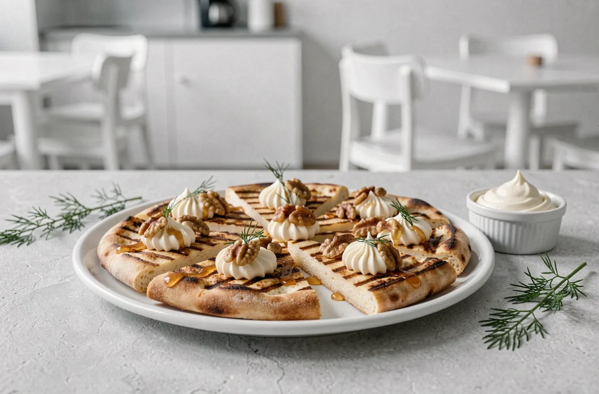 Pizza créative avec tranches de halloumi grillé aux marques de gril dorées, rosettes de cream cheese fumé, noix au miel et aneth frais, sur une assiette en céramique blanche