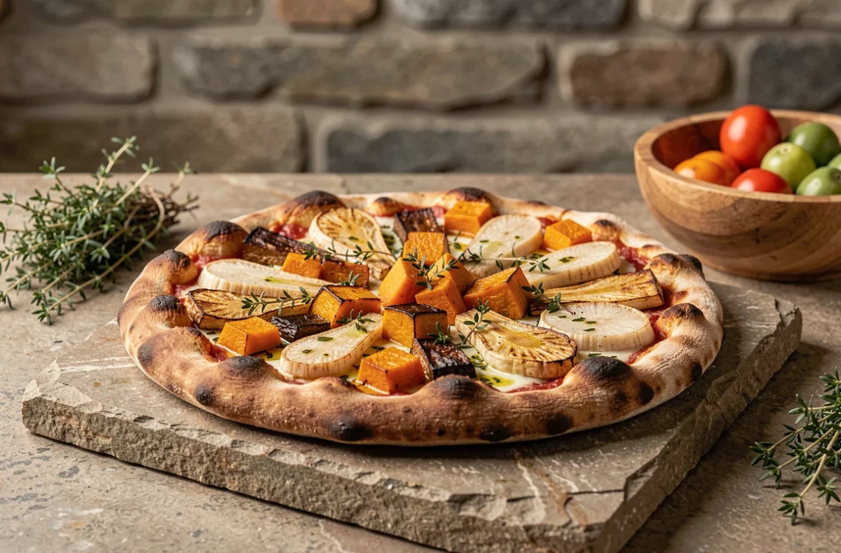 Pizza garnie de légumes anciens rôtis caramélisés — topinambour doré, panais ivoire et courge butternut charbonnée — avec huile aux herbes et thym frais, sur une ardoise naturelle