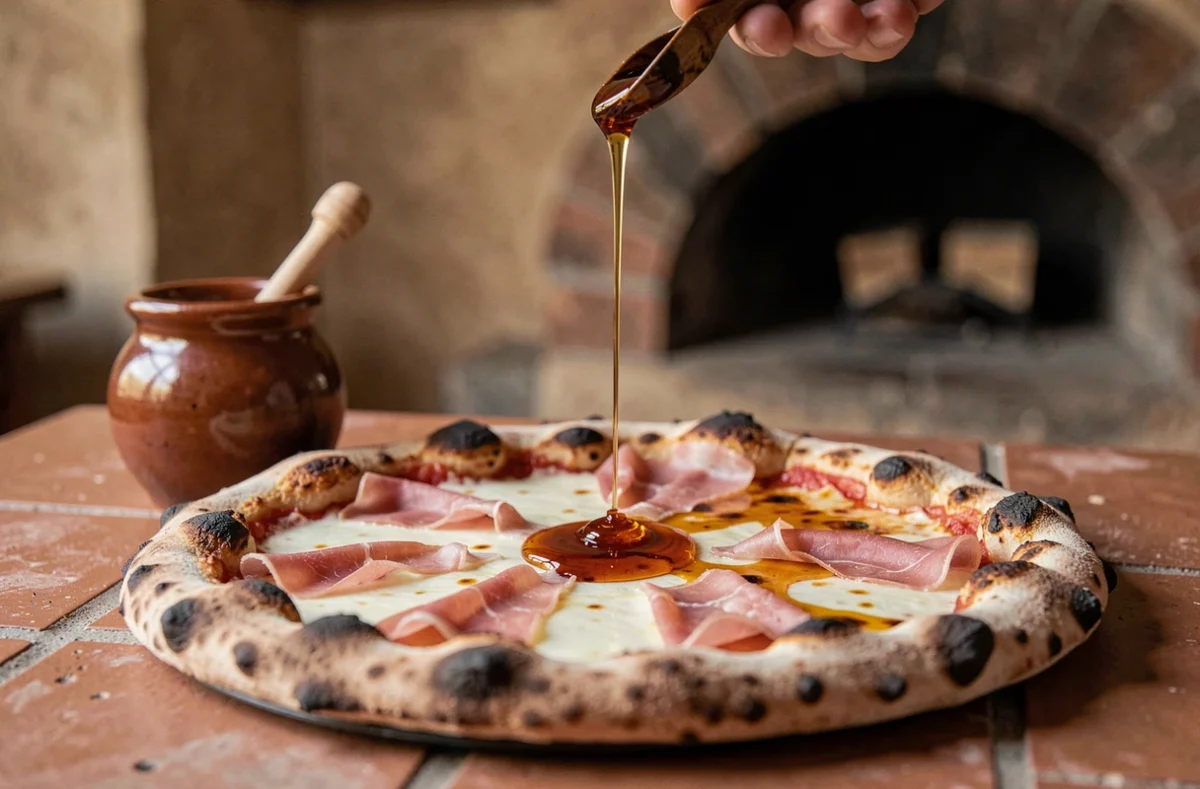 Filet de miel brûlé ambré versé en direct sur une pizza napolitaine avec mozzarella fondante et tranches de prosciutto, dans une ambiance trattoria chaleureuse