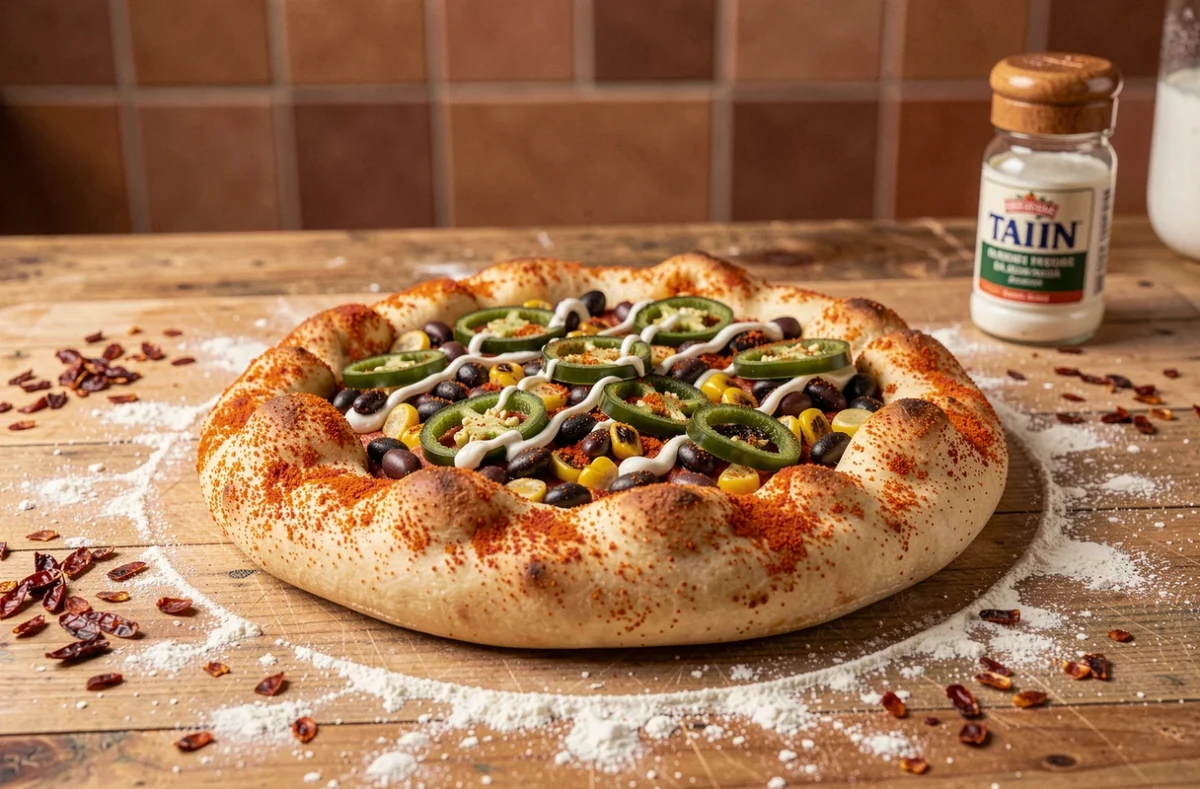 Pizza sur pâte saupoudrée de Tajín mexicain avec croûte orange-rouge épicée, garnie de maïs grillé, haricots noirs, jalapeño et crema, sur une planche de bois farinée