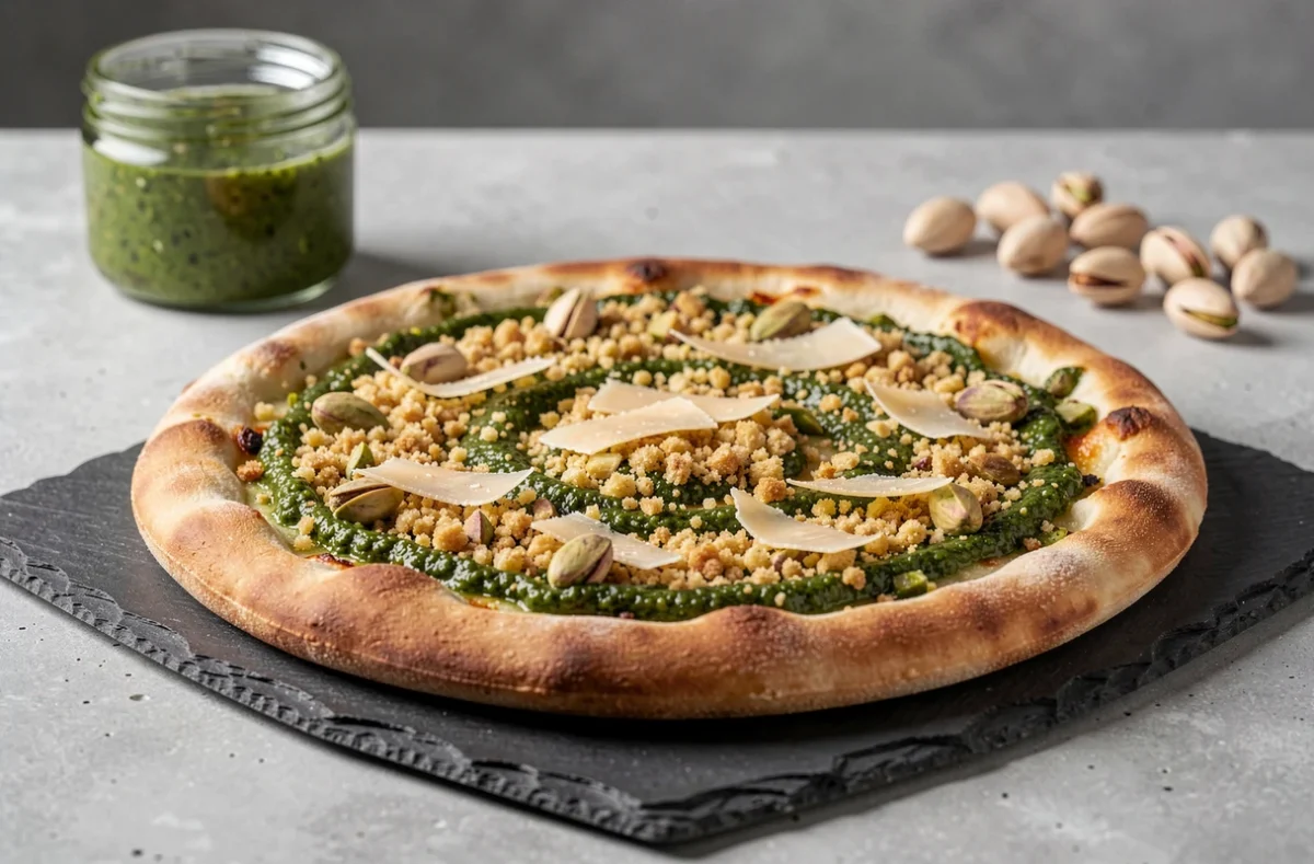 Pizza artisanale garnie de crumble de pistaches dorées et de tourbillons de pesto vert vif, avec des éclats de fromage affiné, posée sur une ardoise sombre