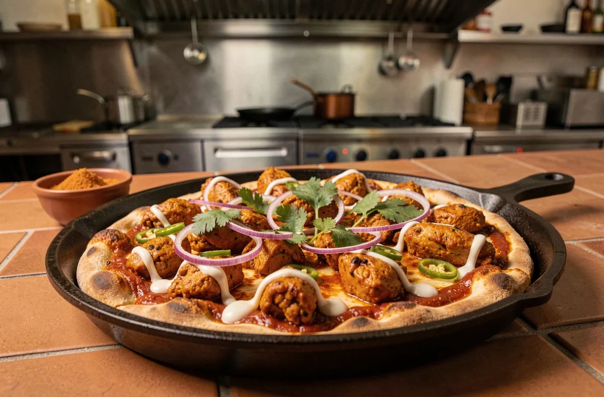 Pizza au poulet tikka dans un glaçage masala orange-rouge intense, garnie de coriandre fraîche, piment vert, oignon rouge et filet de yaourt, servie dans une poêle en fonte