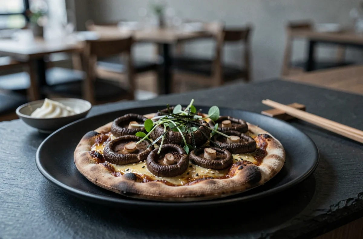 Pizza aux champignons shiitaké rôtis entiers sur base de miso caramélisé, avec micro-pousses, graines de sésame et rubans de nori, servie sur une assiette en céramique noire mate