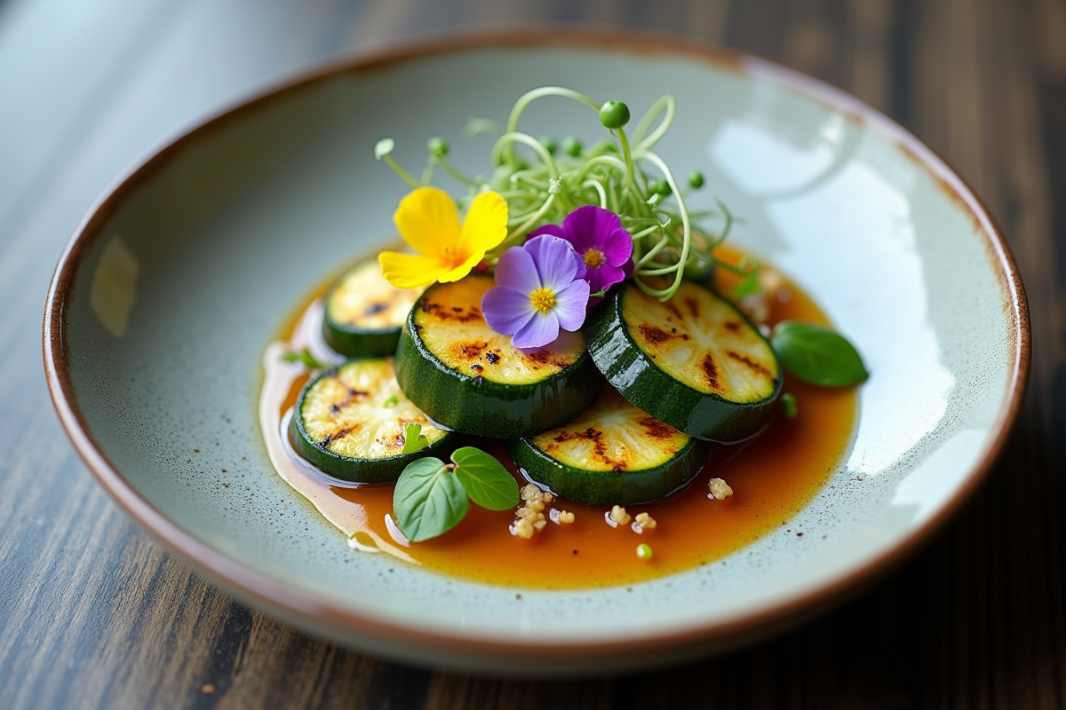 Plat gourmet de zucchinis et concombres grillés avec fleurs comestibles