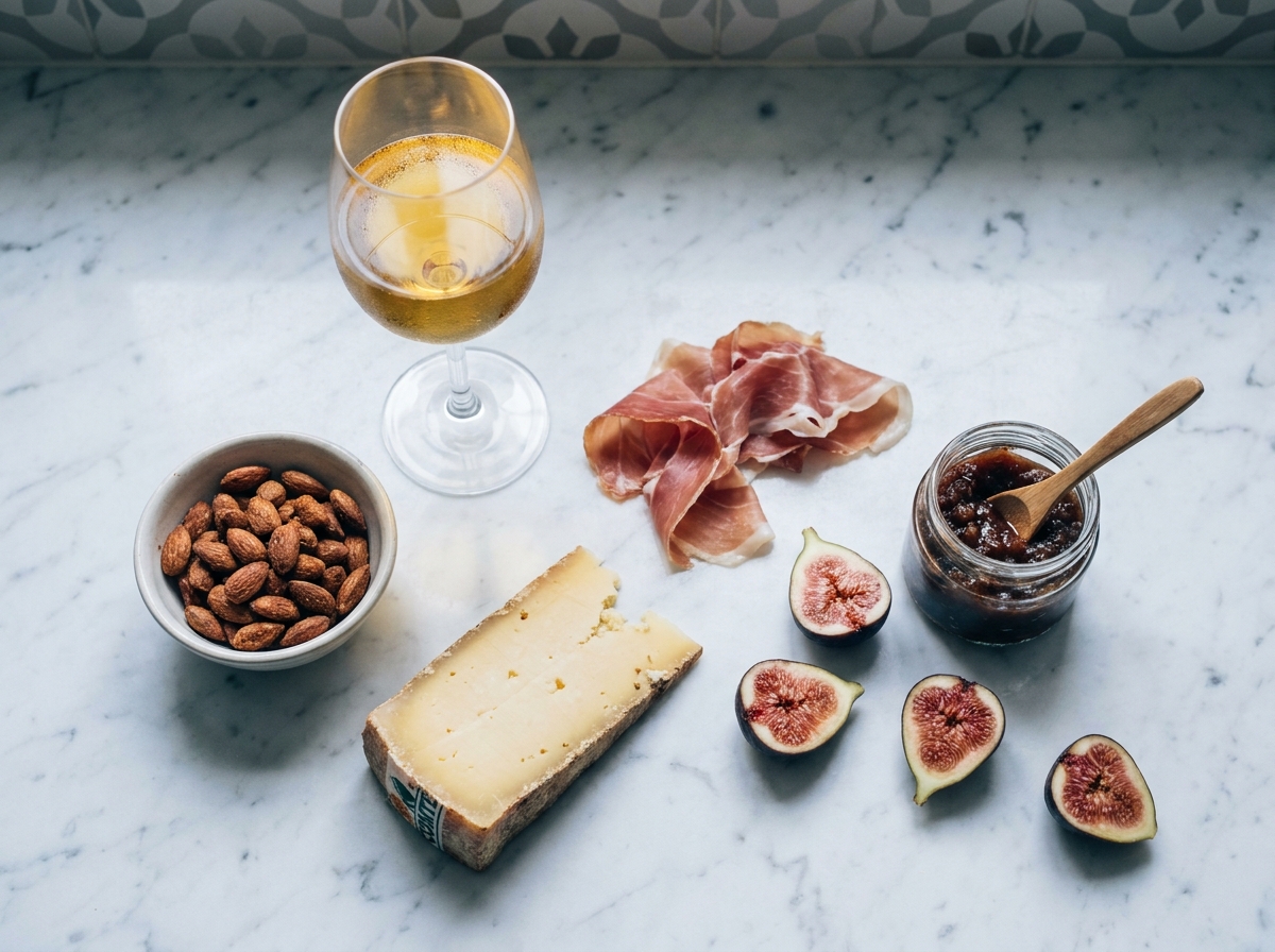 Vue de dessus d'un plateau de dégustation sucré-salé avec Sauternes, figues fraîches, Comté, prosciutto et chutney sur marbre blanc