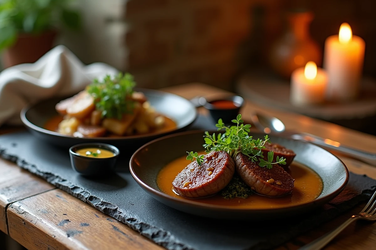 Deux plats cuisinés présentés sur une ardoise, rognons d'agneau poêlés et couille de mouton braisée, dans un bistrot rustique français