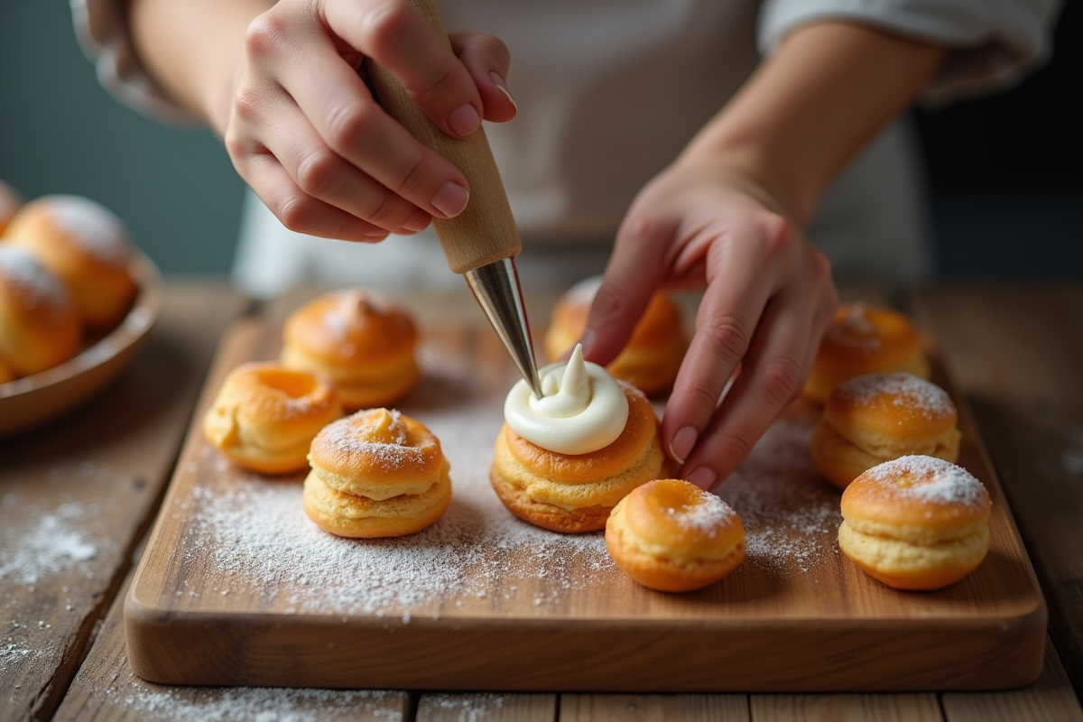 Mains d’un pâtissier remplissant des choux de crème sur une table en bois
