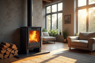 Poêle à bois moderne dans un salon chaleureux avec lumière naturelle