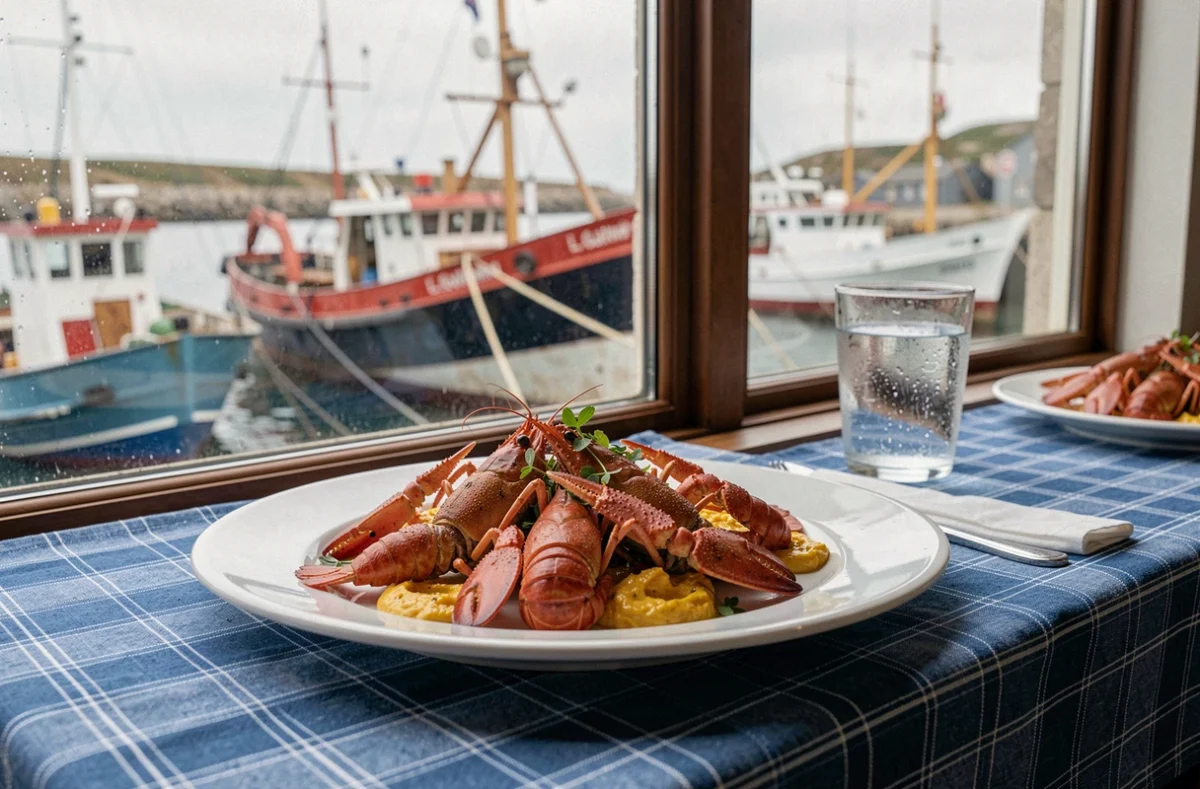 Assiette de langoustines grillées au Poisson d'Avril au Guilvinec avec vue sur le port de pêche
