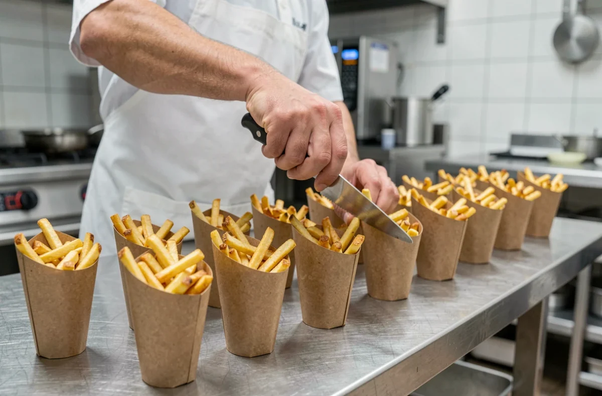 Traiteur préparant des portions individuelles de frites en cornets kraft pour calculer la quantité par personne
