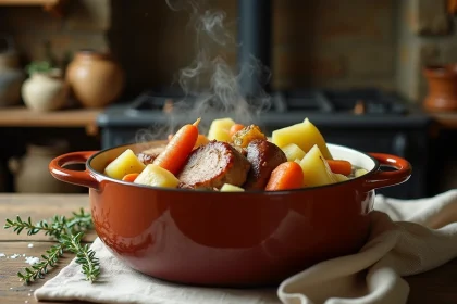 Potée familiale rustique servie dans une cocotte en céramique avec chou, carottes, navets et viande de porc sur une table de ferme en chêne
