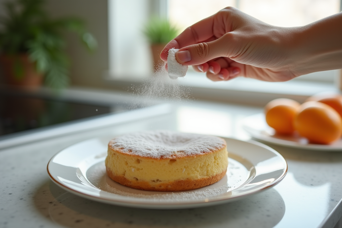 Main saupoudrant du sucre glace sur un gâteau à la crème