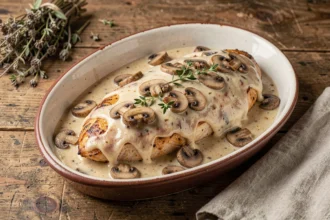Escalope de poulet au four à la crème et aux champignons dans un plat en céramique rustique sur une table en bois