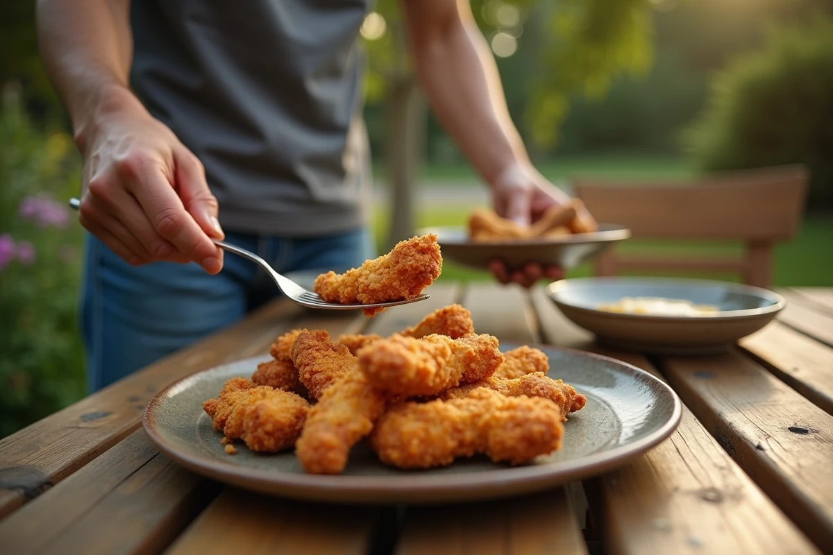 Jeune homme servant des tenders de poulet frits sur une assiette en plein air