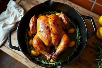 Poulet entier rôti doré dans une cocotte en fonte avec ail et thym, photographié en vue du dessus sur table en bois rustique