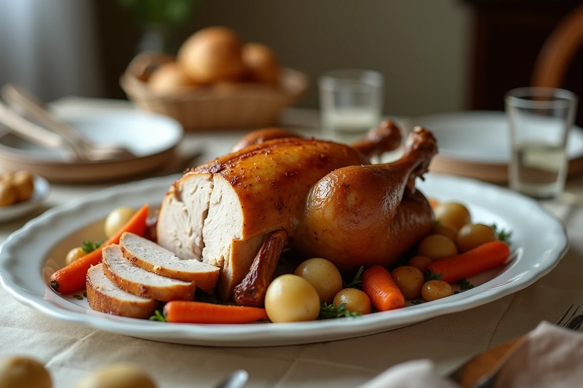 Poulet rôti découpé sur plat ovale blanc entouré de légumes rôtis au centre d'une table familiale dressée pour le dîner