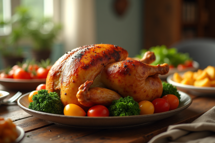 Poulet rôti sur une table rustique avec légumes colorés