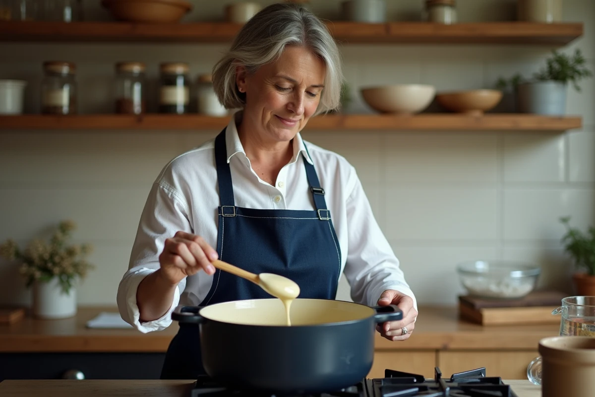 Femme qui prépare une blanquette de veau dans une cocotte en fonte émaillée sur une cuisinière à gaz dans une cuisine maison