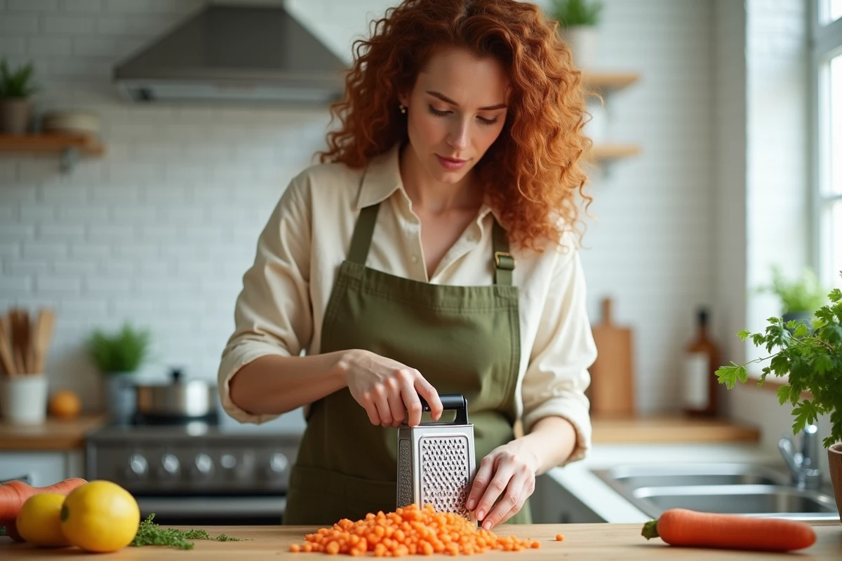 Femme préparant des carottes râpées maison en cuisine, râpant des carottes fraîches pour une recette vegan simple
